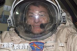 Peggy Whitson in an Orlan EVA suit. Image credit Wikipedia