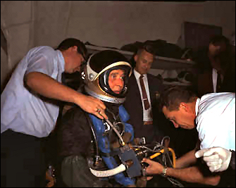 Wernher Von Braun prepares for work in a water tank used for astronaut training. Image credit Apollo Project