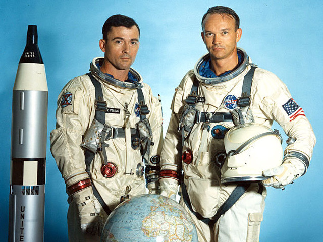 Michael Collins and John Young in their Gemini 10 suits